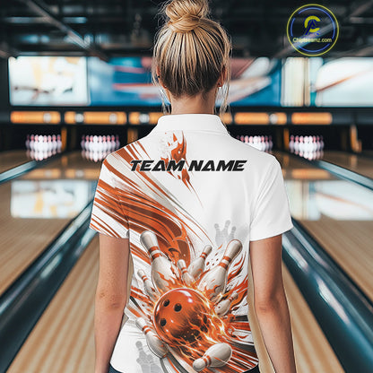 A woman viewed from behind wearing a white short-sleeve bowling-themed polo shirt with a large orange and white graphic print on the back. The shirt features the text 'TEAM NAME' and a bowling ball and pins design.