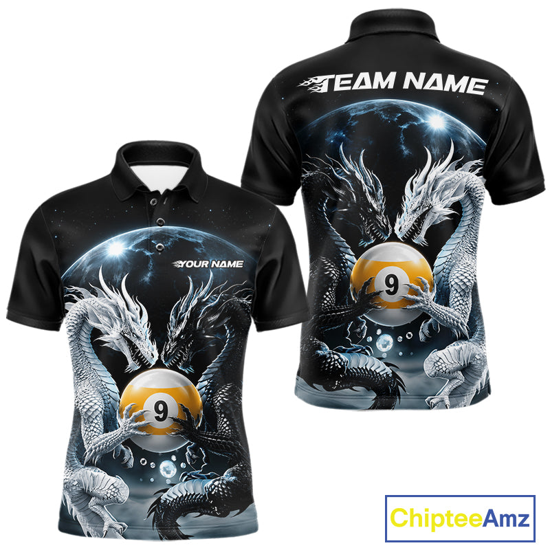 Front and back views of a black short-sleeve polo shirt with a detailed graphic print featuring two white dragons around a yellow 9-ball pool ball, set against a space-themed background with a planet and stars. The front shows 'YOUR NAME' and the back shows 'TEAM NAME' in white text.