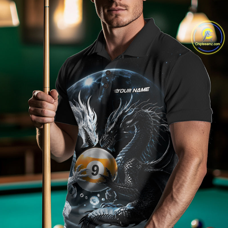 A man wearing a black polo shirt with a detailed graphic print of a dragon and a 9-ball pool cue, holding a pool cue in a dimly lit pool hall.