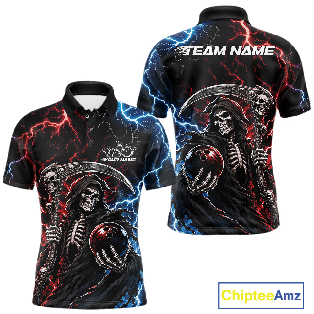 Front and back views of a black short-sleeve polo shirt featuring a detailed grim reaper graphic with red and blue lightning effects, a bowling ball, and customizable text placeholders. A 'ChipteeAmz' logo is visible in the bottom right corner.
