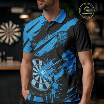 Custom Grunge Black And Blue Dart Jerseys, Flame Dart Tip Hit Bullseye Men Polo Shirt IPHW10059