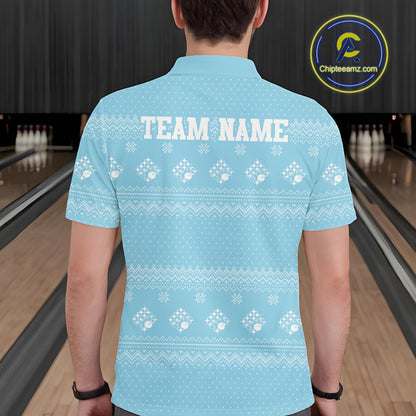 Custom Funny Santa Christmas Men Bowling Polo Shirts, Light Blue Xmas Team Outfit IPHW10142