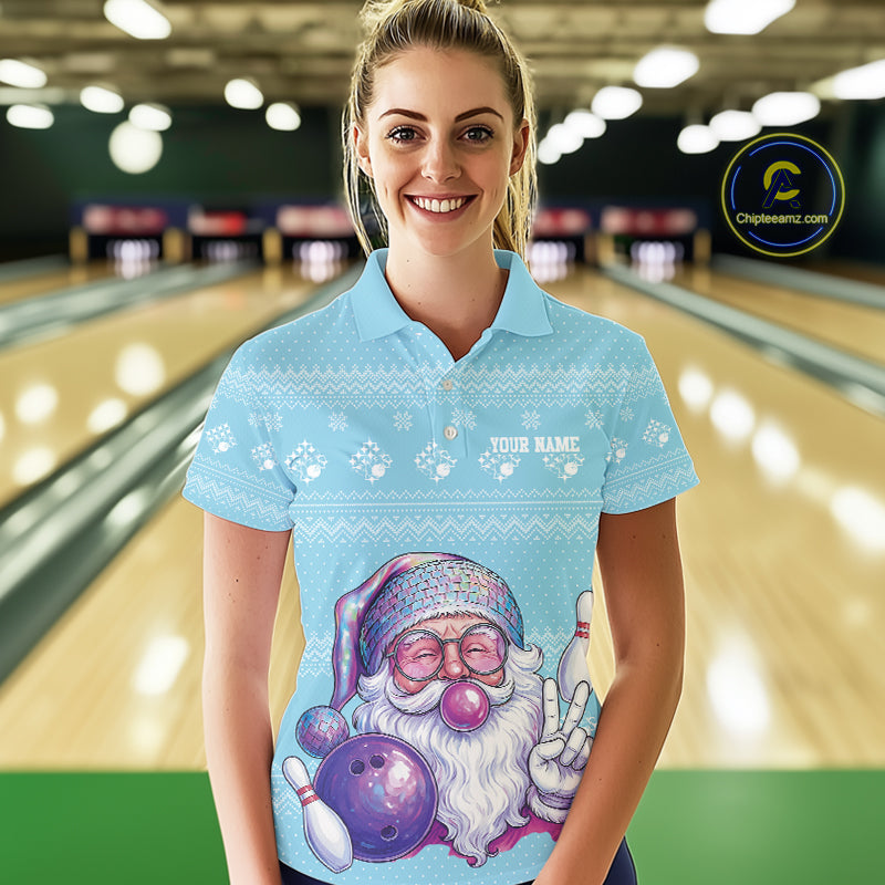 Custom Funny Santa Christmas Women Bowling Polo Shirts, Light Blue Xmas Team Outfit IPHW10142