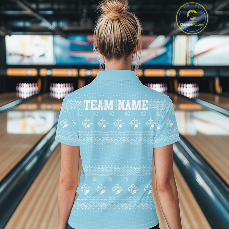 Custom Funny Santa Christmas Women Bowling Polo Shirts, Light Blue Xmas Team Outfit IPHW10142