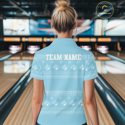 Custom Funny Santa Christmas Women Bowling Polo Shirts, Light Blue Xmas Team Outfit IPHW10142
