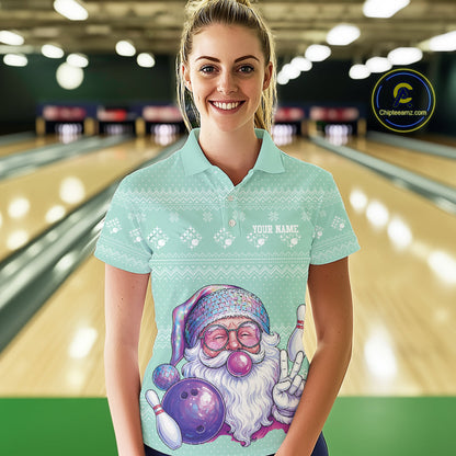 Custom Funny Santa Christmas Women Bowling Polo Shirts, Mint Green Xmas Team Outfit IPHW10143