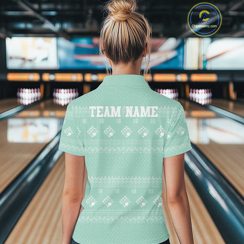 Custom Funny Santa Christmas Women Bowling Polo Shirts, Mint Green Xmas Team Outfit IPHW10143