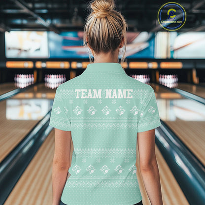 Custom Funny Santa Christmas Women Bowling Polo Shirts, Mint Green Xmas Team Outfit IPHW10143