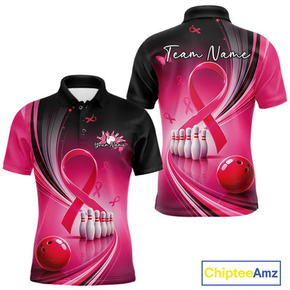 Men's black and pink bowling polo mockup shown front and back with breast cancer awareness ribbon artwork and bowling graphics