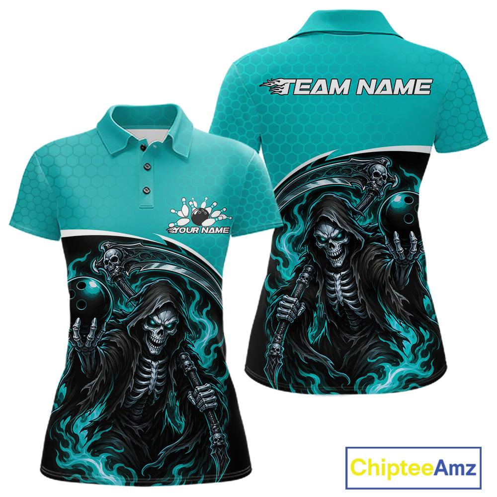 Front and back views of a teal and black polo shirt featuring a grim reaper skeleton holding bowling balls, with customizable text areas on the chest and back, shown on a white background with a ChipteeAmz logo in the corner.