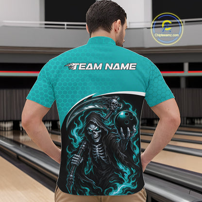 A man viewed from behind wearing a teal and black bowling-themed graphic shirt with a skeleton and grim reaper design, standing in a bowling alley. The shirt features 'TEAM NAME' placeholder text on the upper back.