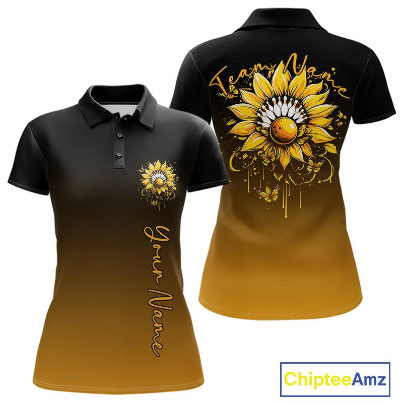 Custom Butterfly Sunflower Bowling Women Polo Shirts, Sunflower Bowling Tournament Shirt IPHW10263