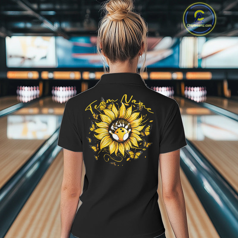 Custom Butterfly Sunflower Bowling Women Polo Shirts, Sunflower Bowling Tournament Shirt IPHW10264