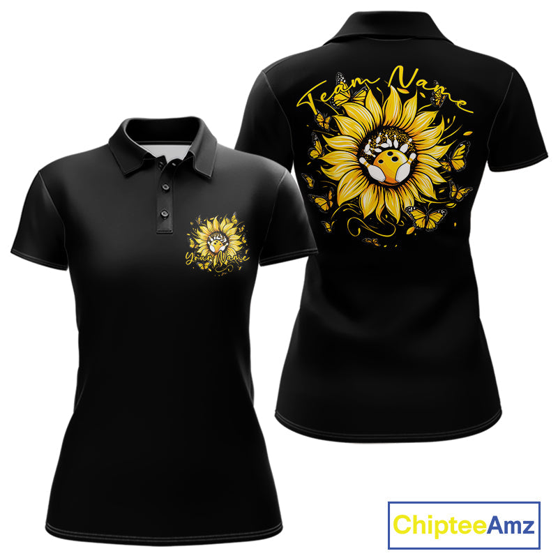 Custom Butterfly Sunflower Bowling Women Polo Shirts, Sunflower Bowling Tournament Shirt IPHW10264