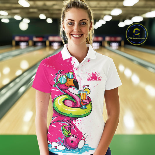 Custom Funny Flamingo Bowling Women Polo Shirt, Flamingo Bowling Tourmanent Shirt IPHW10266