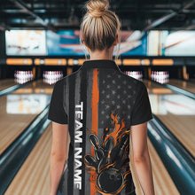 Load image into Gallery viewer, Orange Line American Flag Custom Patriotic Flame Women Bowling Polo Shirt, US Bowling Shirt IPHW8635