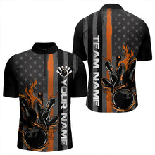 Load image into Gallery viewer, Orange Line American Flag Custom Patriotic Flame Bowling Quarter-Zip Shirt For Men, US Bowling Shirt IPHW8635
