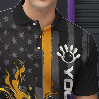 Yellow Line American Flag Custom Patriotic Flame Bowling Polo Shirts For Men, US Bowling Shirt IPHW8636