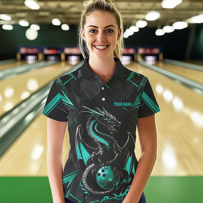 Custom Black And Turquoise Blue Dragon Bowling Polo Shirts For Women, Bowling Team Uniform IPHW8642