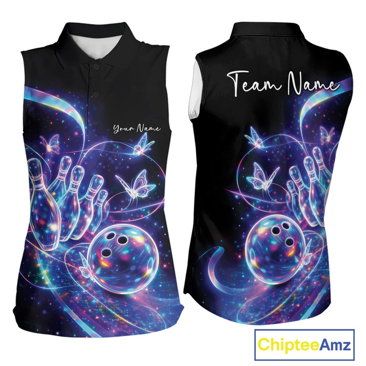 Front and back mockup of a women's black sleeveless bowling shirt with starry galaxy graphics, neon swirls, and hologram butterflies