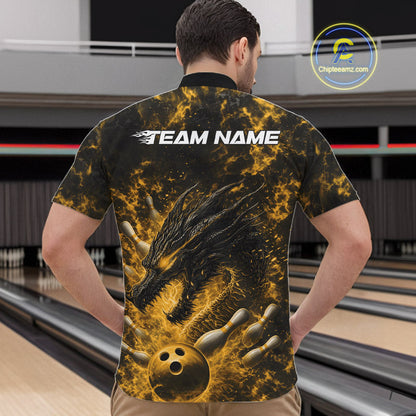 Custom Black And Yellow Flame Dragon Bowling Men Quarter-Zip Shirt, Dragon Bowling League Shirt IPHW10279