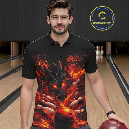Custom Red Fire Flame Dragon Bowling Jerseys. Dragon Bowling Men Polo Shirt IPHW10281