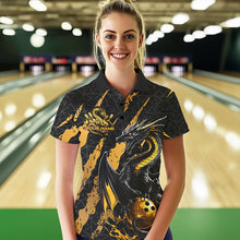 Load image into Gallery viewer, Custom Black And Gold Dragon Bowling Team Polo Shirts For Women, Dragon Bowling Jerseys IPHW8923