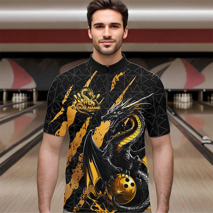 Custom Black And Gold Dragon Bowling Team Quarter-Zip Shirts For Men, Dragon Bowling Jerseys IPHW8923