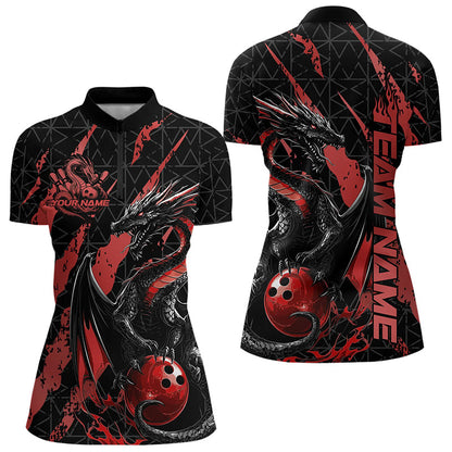 Custom Black And Red Dragon Bowling Team Womens Quarter-Zip Shirts, Dragon Bowling Jerseys IPHW8924