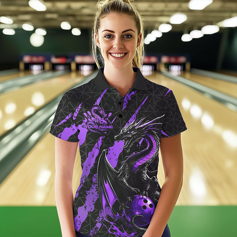 Custom Black And Purple Dragon Bowling Team Polo Shirts For Women, Dragon Bowling Jerseys IPHW8926