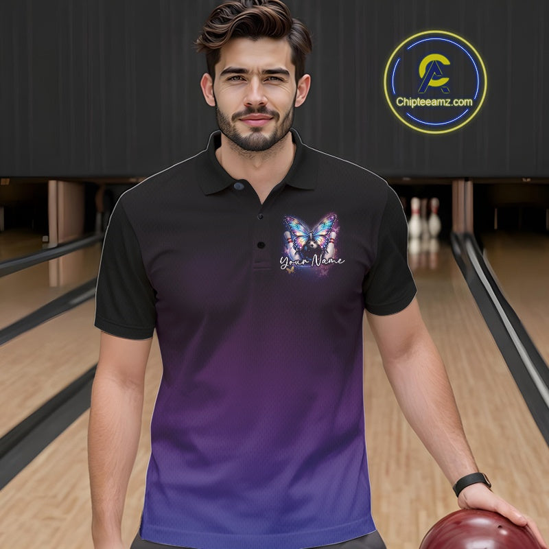 Front view of a male model wearing a colorful bowling polo shirt in a bowling alley with glowing butterflies, bowling ball artwork, and cosmic elements.