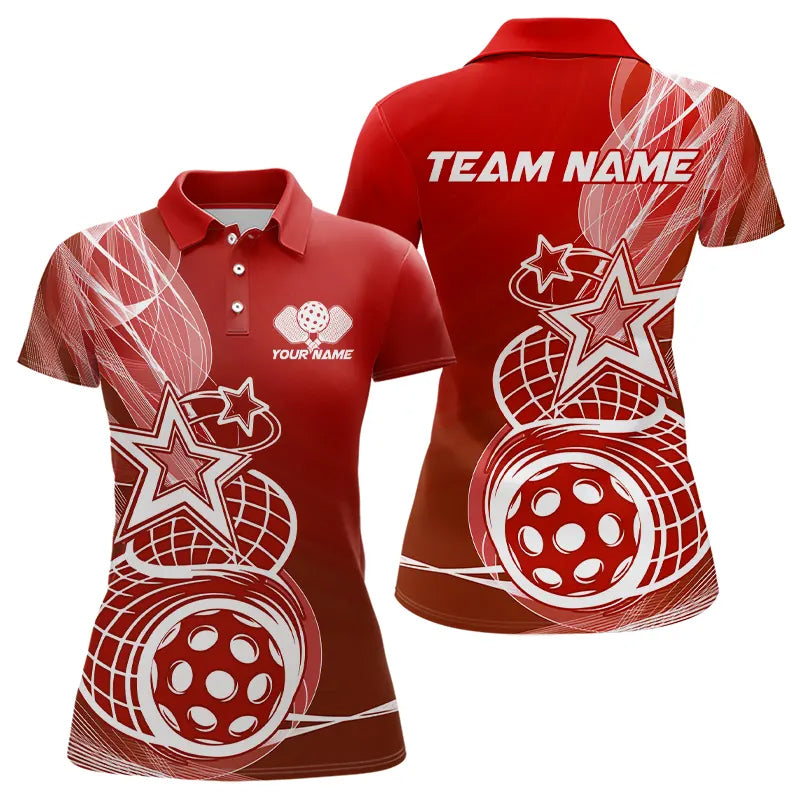 Custom Red Pickleball Star Polo Shirts For Women, Outdoor Pickleball Team Uniform IPHW8208
