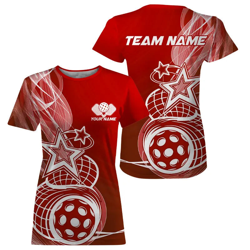 Custom Red Pickleball Star T-Shirts For Women, Outdoor Pickleball Team Uniform IPHW8208