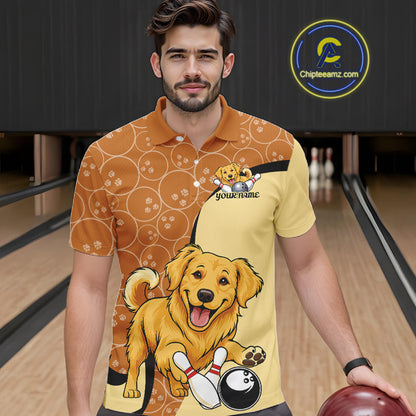 Custom Cute Funny Golden Retriever Dog Bowling Men Polo Shirts, Dog Lovers Bowling Shirt IPHW10285
