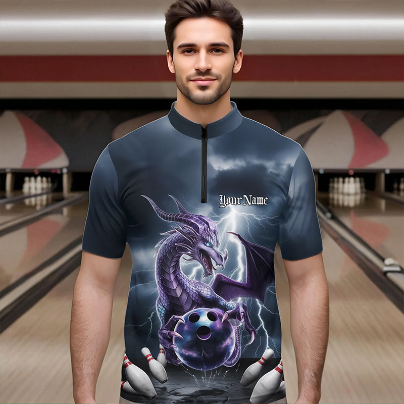 Custom Thunder Lightning Purple Dragon Bowling Quarter-Zip Shirts For Men, Bowling Team Uniform IPHW8676