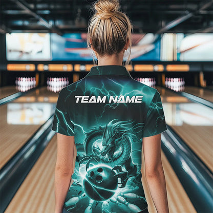Custom Black And Blue Thunder Lightning Dragon Bowling Polo Shirts For Women, Team Uniform IPHW8680