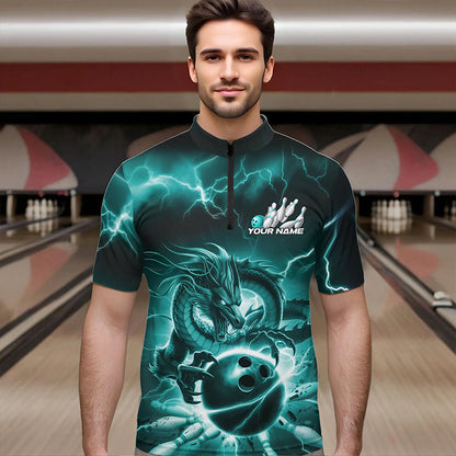Custom Black And Blue Thunder Lightning Dragon Bowling Quarter-Zip Shirts For Men, Team Uniform IPHW8680