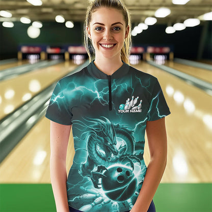 Custom Black And Blue Thunder Lightning Dragon Womens Bowling Team Quarter-Zip Shirts IPHW8680