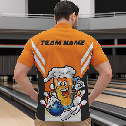 Custom Funny Beer Bowling Quarter-Zip Shirts For Men, Yellow Bowling Team Bowling League Shirt IPHW8930