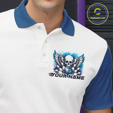 Load image into Gallery viewer, Close-up view of the left chest on a bowling polo shirt featuring a gothic winged skull design with a bowling ball and bowling pins in a white and blue color scheme.

