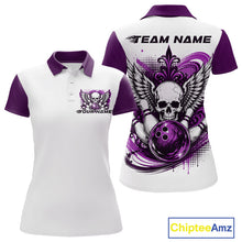 Load image into Gallery viewer, Front and back views of a white womens bowling shirt with polo collar, purple skull-themed bowling graphic with black wings, pins, bowling ball