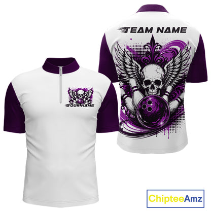 Front and back views of a white mens bowling shirt with quarter zip collar, purple skull-themed bowling graphic with black wings, pins, bowling ball