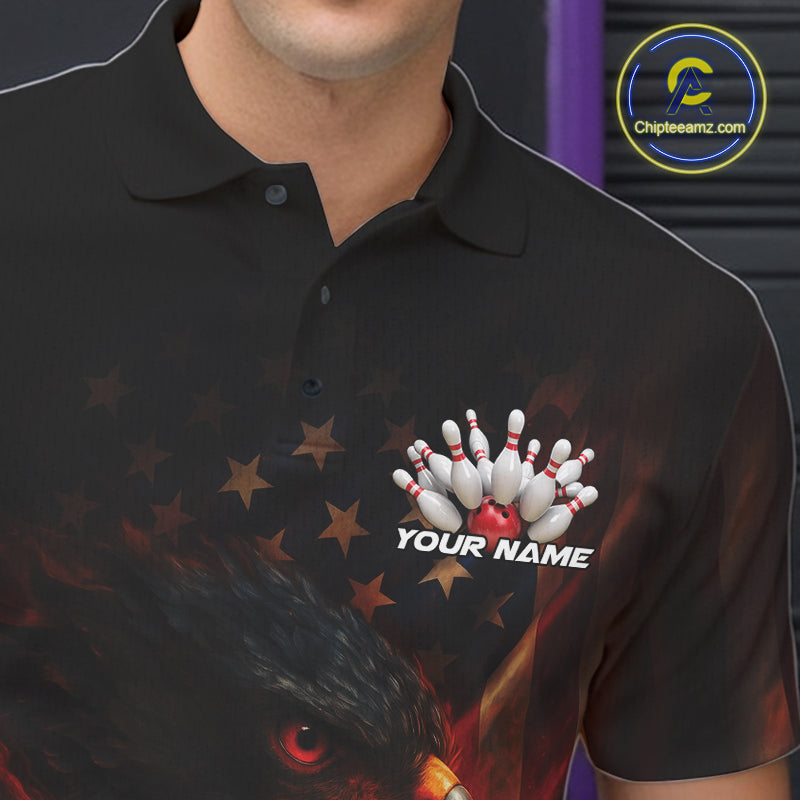 Custom Vintage Patriotic Flame Eagle Bowling Men Shirts, US Flag Bowling League Shirt IPHW10145