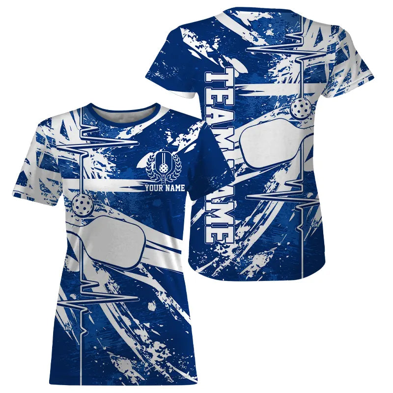 Blue And White Pickleball Heartbeat Pulse Line Custom Pickleball Team T-Shirts For Women IPHW8211