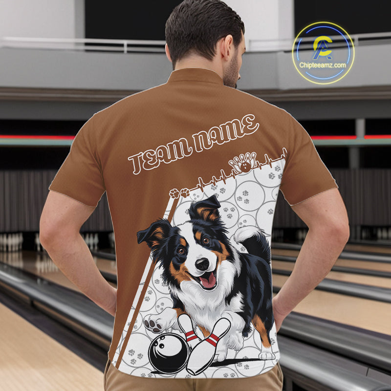 Custom Cute Funny Border Collie Dog Bowling Men Quarter-Zip Shirts, Dog Lovers Bowling Shirt IPHW10288