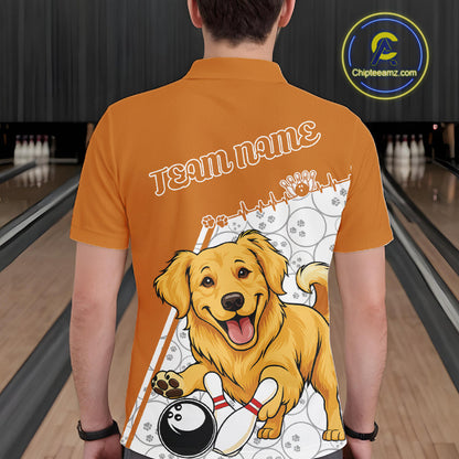 Custom Cute Funny Golden Retriever Dog Bowling Men Polo Shirts, Dog Lovers Bowling Shirt IPHW10290
