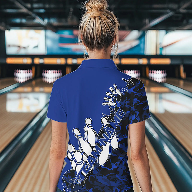 Custom Blue Camo Strike Womens Bowling Quarter-Zip Shirts, Team Bowling League Shirt Shirt IPHW8446