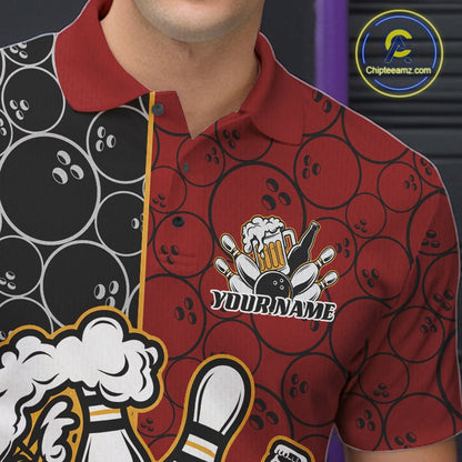 Custom Black And Red Retro Bowling Beer Team Shirts For Men, Bowling Pattern Jerseys IPHW10536