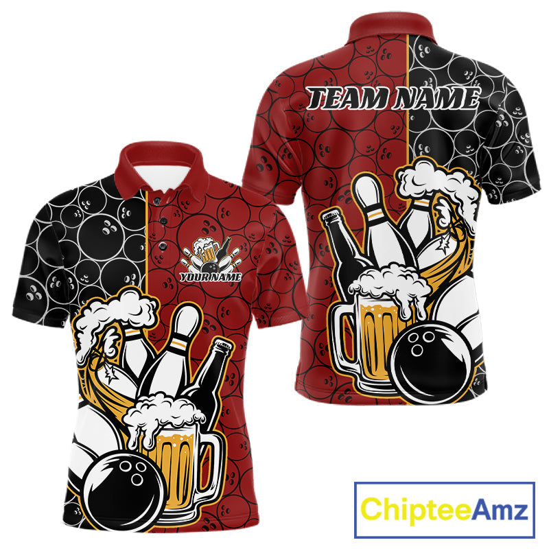 Custom Black And Red Retro Bowling Beer Team Shirts For Men, Bowling Pattern Jerseys IPHW10536