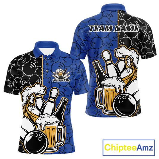 Custom Black And Blue Retro Bowling Beer Team Shirts For Men, Bowling Pattern Jerseys IPHW10537
